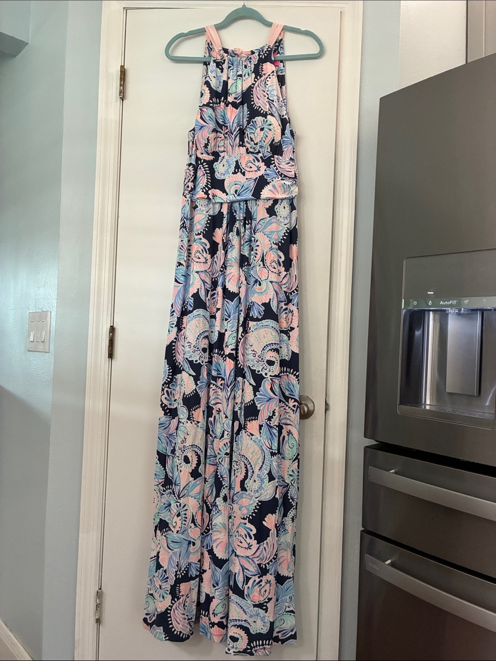 Lilly Pulitzer Navy Floral Maxi Dress with Pink and Light Blue Accents